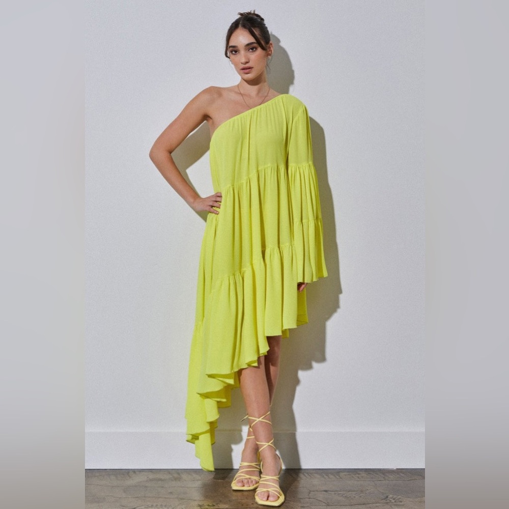Asymmetric One-Shoulder Neon Yellow Midi Dress